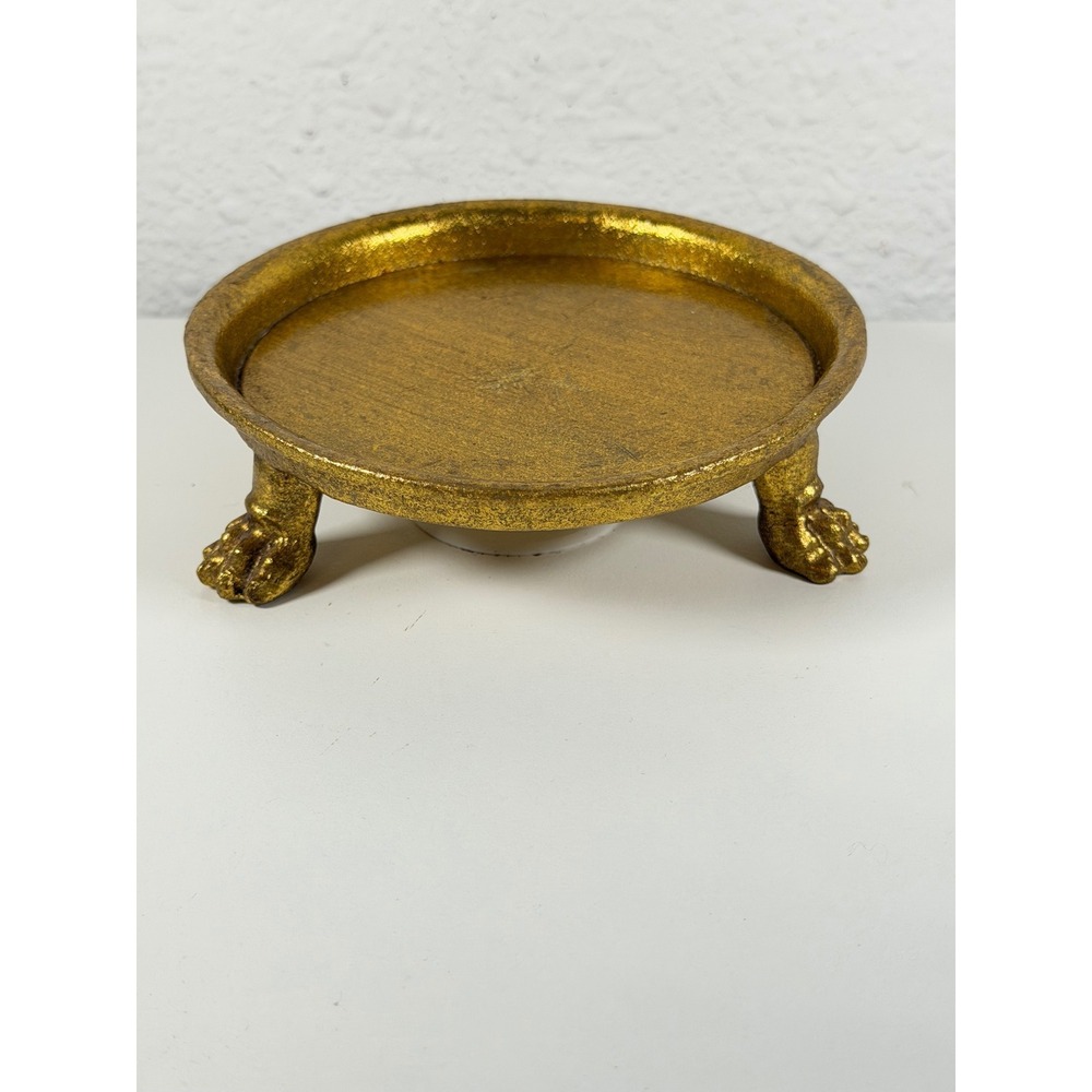 Gold Lion Paw Footed Pillar Candle Holder Stand Hollywood Regency Style Round